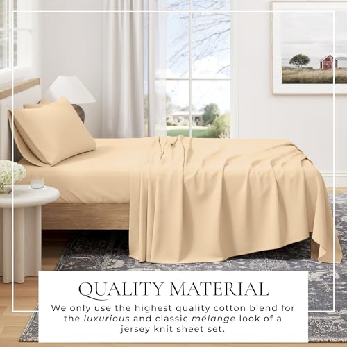 Image of Great Bay Home Cotton Jersey Knit Queen Sheet Set - Ultra-Soft, Stretchy, Heathered Melange Bed Sheets - Cozy, Soft T-Shirt Sheet & Pillowcase Set (Heathered Tan)