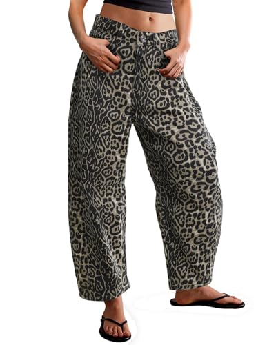 Kedera Women's Baggy Barrel Jeans Casual Boyfriend Mid Rise Leopard Printed Wide Leg Denim Ankle Pants