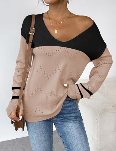 Zeagoo Womens Sweaters Fall Trendy Casual Long Sleeve Shirt Lightweight V Neck Off Shoulder Crochet Pullover Top Outfit4