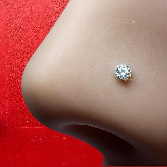 Image of SJ SHUBHAM JEWELLERS 92.5-925 Sterling Silver Round Shape White Cubic Zirconia Prong /Cup Setting Nose Pin Stud for Women Girls Size 2MM 3MM Size Pure Silver