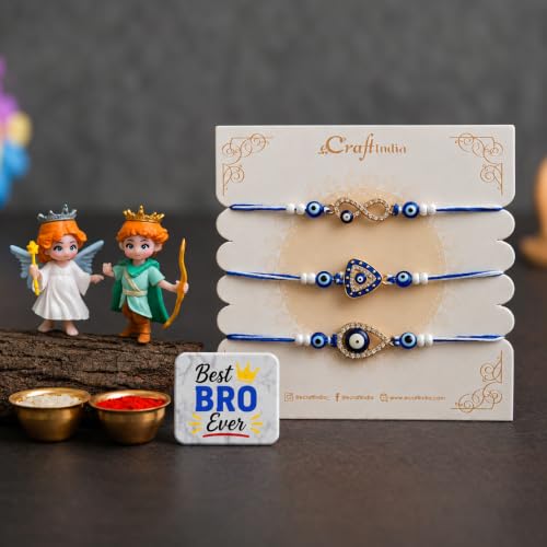 Image of eCraftIndia Set of 3 Evil Eye Rakhi for Brother with Decorative Showpiece & Best Bro Ever Fridge Magnet | Designer Rakhi Combo | Raksha Bandhan Gift Set