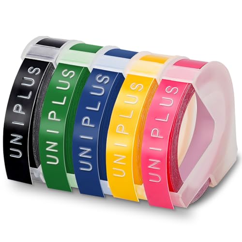 UniPlus Compatible Omega Label Tape Replacement for Embossing Tape 9mm 3D Labels Black Blue Pink Green Yellow for Omega S0717930 Junior S0717900 Embossing Label Makers 5-Pack