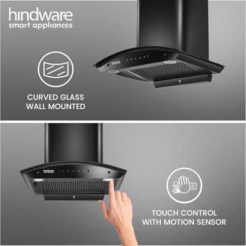 Image of Hindware Smart Appliances | Nadia IN 60 cm Chimney | 1500 CMH |Curved Glass | Filterless | Auto Clean | Touch Control, Motion Sensor | 10 Yrs Warranty on Motor & 2 Yrs on Product (Black)