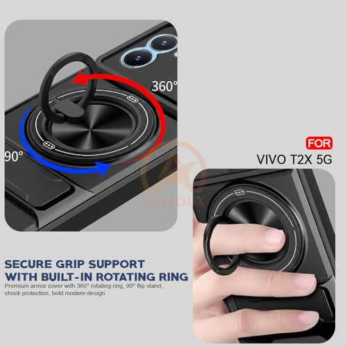 Image of Vivo T2X / Y16 / Y56 Back Cover | Armor Camera Slider 360 Degree Rotating Finger Ring Holder Case with Bracket Stand Back Case Cover (Compatible with MagSafe Accessories) (Black)