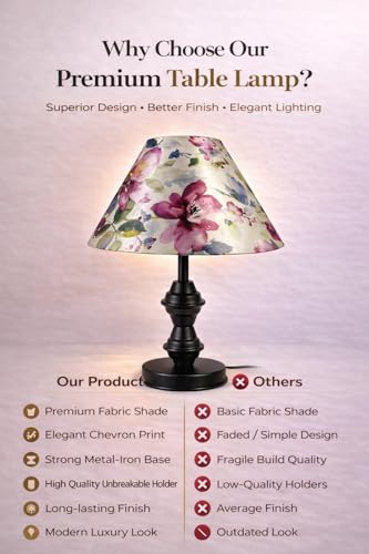 Image of tu casa Modern Table Lamp with Crimson Floral Satin Shade | Metal Iron Base Decorative lamp for Living Room| Study & Home Decor, Designer Table Lamp for Gifting (Pastel Petal Harmony)