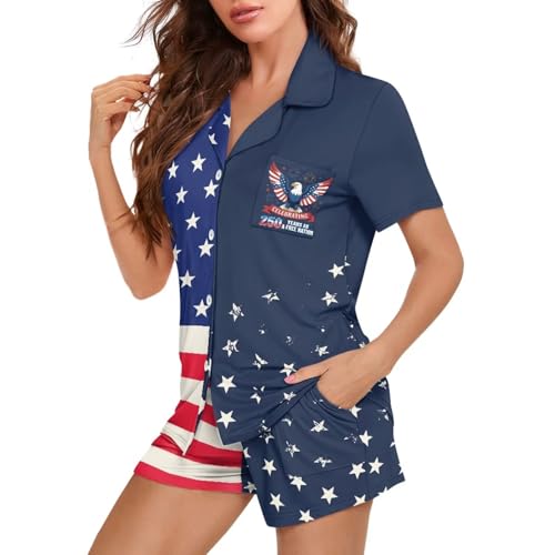 Image of Women's Short Sleeve Sleepwear Button 2 Piece Plus Size Pajamas Casual Soft Stretchy Funny Nightwear with Pockets