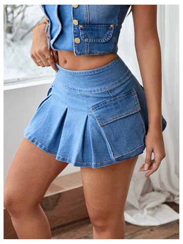 Women's Pleated Denim Skirt Ruffle Mini Skirt with Pockets4