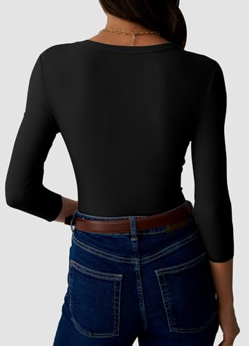 Womens 3/4 Sleeve Scoop Neck Top Ribbed Knit Slim Fitted Casual Basic Tee Shirts 2025 Fall Trendy Work T-Shirt Outfits4