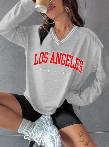 Hilinker Women's Oversized Graphic Tee V Neck Tops Casual Loose Long Sleeve T Shirt3