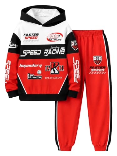 Image of Boy 2 Piece Outfits Long Sleeve Racing Hoodie Top and SweatPants Fall Winter Clothing Set Sizes 5-12 Years