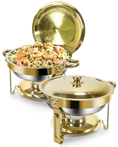 WENMILY Oro Chafing Dish Buffet Set 5L [Robusto, 2 recipientes Calientes de Acero Inoxidable [diseño de Borde Enrollable], Calentador de Alimentos para Catering Buffet y Fiestas