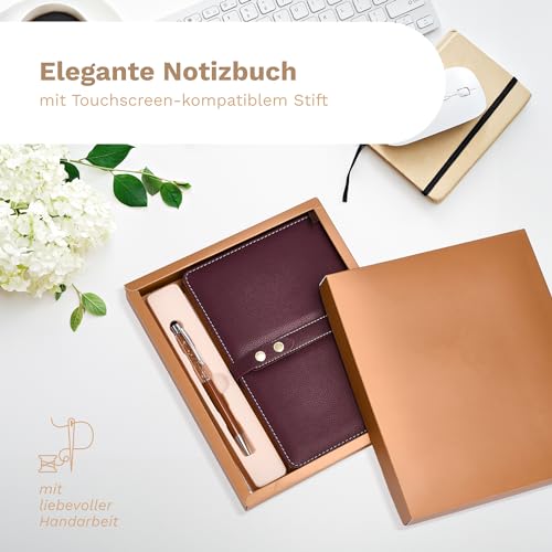 DONBOLSO Notizbuch Leder A5 in Geschenkbox - 192 Seiten - Strapazierfähiges Kunstleder-Hardcover mit Doppelknopfverschluss, Kristal Touchscreen-Stift - Ideal für Business - 22x15 cm,Braun