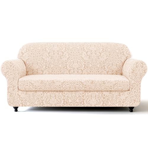 SUBRTEX 2 Piece Couch Covers, Jacquard Damask 3 Seater Sofa Cover with Seat Cushion, Stretch Sofa Slipcovers Non Slip Furniture Protector for Dogs Pets (Large, Khaki)