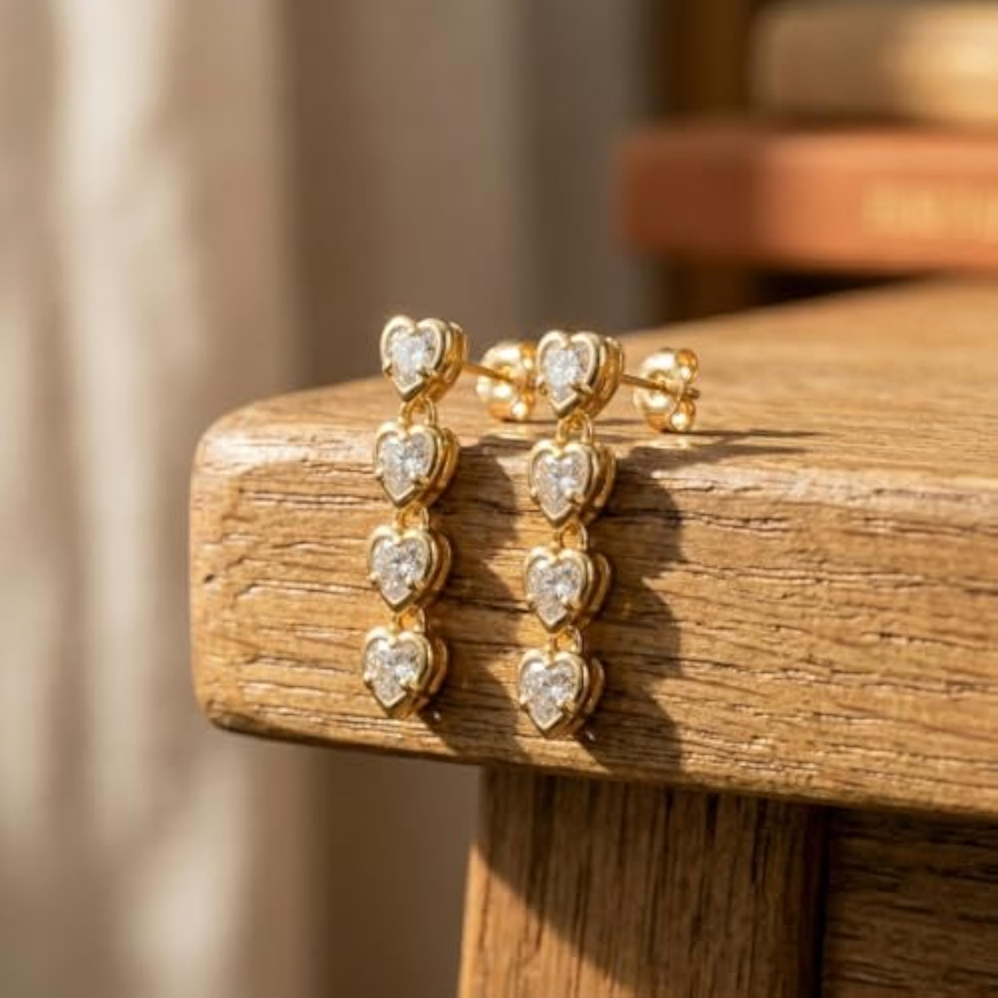 Gold Plated Round Heart Dangle Earrings with White Cubic Zirconia
