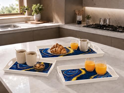 Image of KITCHIVO 3 Pcs Plastic Serving Tray Set with Handle | Multipurpose Tea Snacks Breakfast Tray | Floral Printed Rectangular Serving Trays for Kitchen & Home (Ivory Blue Marble)