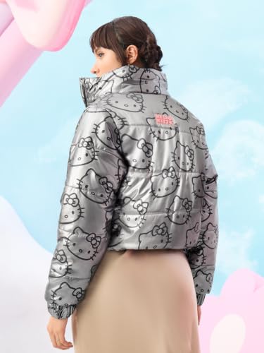 Image of The Souled Store Puffer Jackets: Hello Kitty Women and Girls Long Sleeves Stand Collar Zipper Front Grey All Over Printed Polyester Puffer Jackets