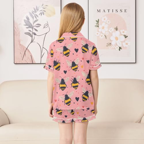 ALAZA Lovely Bee Love Heart Satin Pajamas Set Short Sleeve Button Down Sleepwear Summer Pjs 2 Piece4