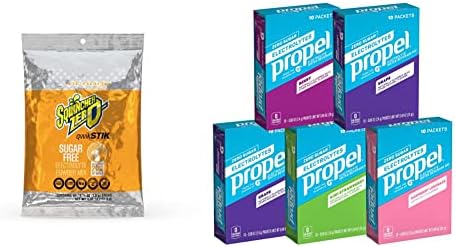 Sqwincher Zero Qwik Stik Sugar Free, Orange.11 0z (Pack of 50) & Propel Powder Packets 4 Flavor Variety Pack With Electrolytes, Vitamins and No Sugar 10 Count (Pack of 5) (Packaging May Vary)