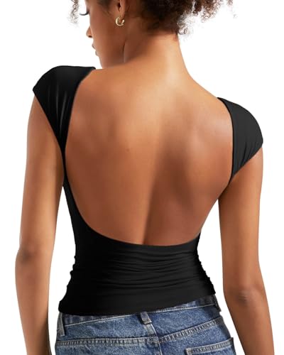 SUUKSESS Women Backless Sexy Going Out Crop Tops Double Lined Open Back Y2k Basic Tee Shirts (Jet Black, S)