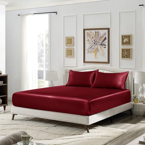 Image of SiinvdaBZX 3-Piece Set Satin Full Fitted Sheet & 2 Pillowcase, Burgundy Silky Soft Fitted Bottom Sheet, Wrinkle Free, Fade Resistant, Deep Pocket Bed Sheet (Deep Up to 15 inch)