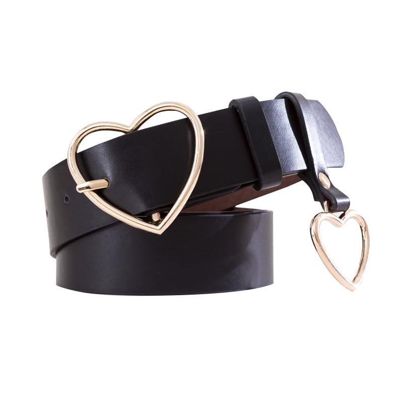 Women's PU Leather Belt with Heart Shaped Buckle 2.8cm Wide Pin Buckle Belt for Jeans