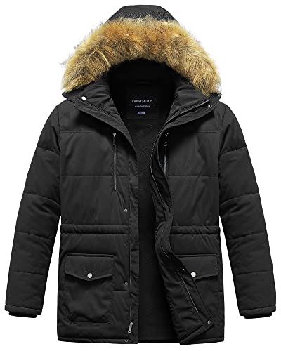 CREATMO US Men's Big and Tall Warm Winter Coat Thicken Puffer Jacket Quilted Parka with Fur Trimmed Hood bubble jacket Fleece Lined Black 5X