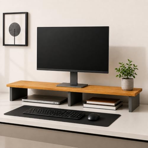 Bniture Monitor Stand Riser for Desk | 100 cm Wide Computer Monitor Shelf with Keyboard Storage | 17 mm Engineered Wood | Desktop Organizer for Home & Office (Giant Wood & Frosty White, HXMD103) Deal