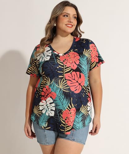 Image of RITERA Women Plus Size Tops Tie Dye V Neck Shirt Floral Camo Summer Short Sleeve Tunic Oversized Ladies Blouse XL-5XL