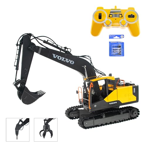 EFASO Pelleteuse télécommandée Volvo 1.16 avec pelle, marteau en métal et pince RTR avec télécommande, batterie, câble de charge et batterie pour la télécommande