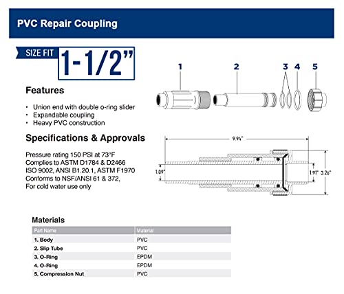 Image of Midline Valve 567SD112 Heavy Duty PVC Repair Coupling; Expandable Pipe Fitting; 1-1 /2 in.; White Plastic