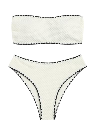 Image of ZAFUL Women's High Cut Bandeau Bikini Set Strapless Solid Color 2 Pieces Bathing Suit Swimsuit