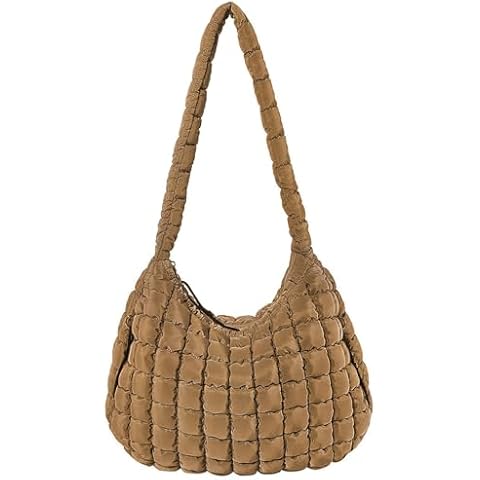 Bagtopia Quilted Tote Bag, Puffer Tote Bag for Women, Large Puffy Shoulder Bag, Lightweight Checkered Crossbody Purse Handbag, Fashion Winter Soft Cotton Padded Hobo Bag, Khaki Cover