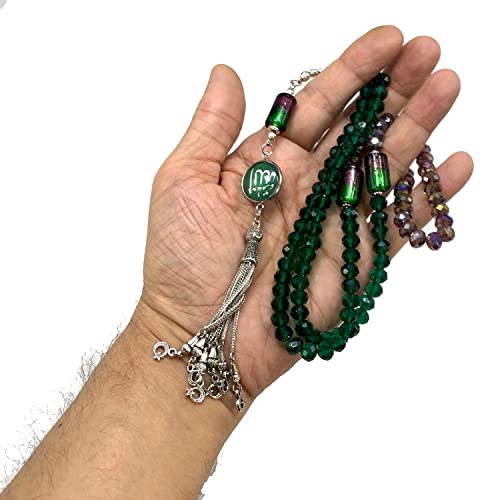 Special for Women Muslim Prayer Beads, 99 Beads - Tesbih-Tasbih-Tasbeeh-Misbaha-Masbaha-Subha-Sebha-Sibha-Worry Beads (Dark Green & Purple Crystal - 6x8 mm-Beads - Allah Tasselt)