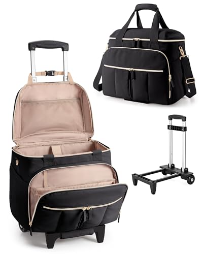 Marscamd Rolling Teacher Bag with Accordion File Organizer & 15.6' Laptop Compartment, Wheeled Work Briefcase Tote with Detachable Trolley & Crossbody Strap for Women, Black