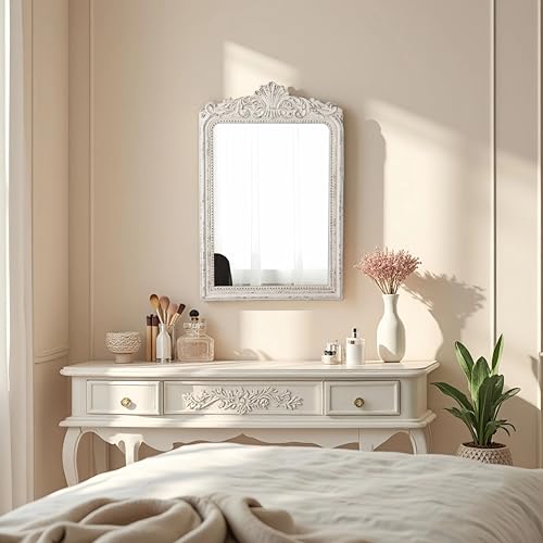 Sintosin Vintage Wood Framed Arendahl Mirrors for Wall Decor 24" x 36", Hanging Distressed White Rustic Arched Wall Mirror, Ornate Baroque Bathroom Antique Mirror, Traditional Wall Mirrors Decorative