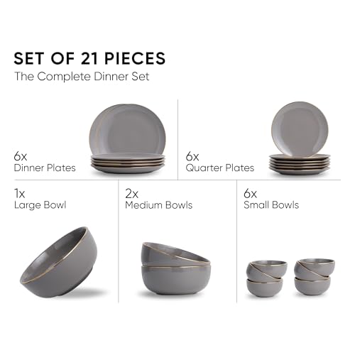 Image of Shay Grey Gold Ceramic Dinner Set, 21 Pieces, Goldline Series | Crockery Set for Dining Table | Crockery Set for Gifting & Dining Glossy Finish | Premium Ceramic (Grey Gold, 21 Pieces)