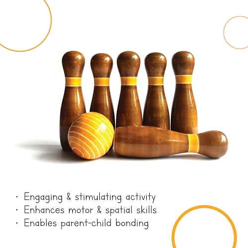 Image of Wooden Bowling Set for Kids (2-5 Years) - 6 Pins, Ball & Shape Cards with Bag | Indoor & Outdoor Bowling Game for Kids | Toddler Toy for 2, 3, 4 & 5 Year Old Boys & Girls (Classic)