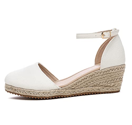 Image of Altxic Women's Closed Toe Canvas Ankle Strap Espadrilles Wedge Sandals White 7 US