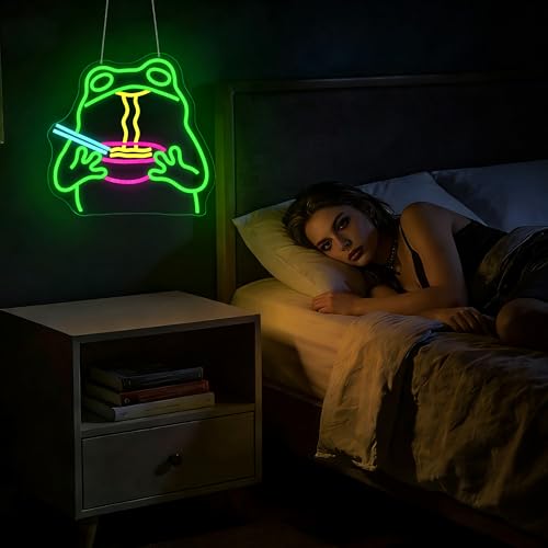 Image of Neon Sign, JGHTURIE Frog Dimmable Neon Signs for Wall Decor, Cute Funny Frog Ramen Light up Led Sign for Room, Kitchen, Shop, Bar, Birthday, Party & Home Decor - USB Powered