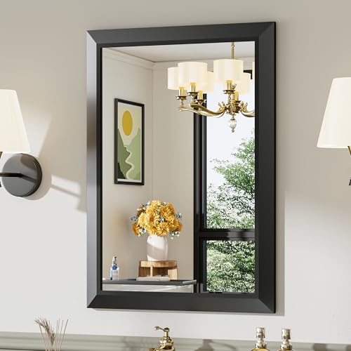 Briivue 22x30 Inch Black Bathroom Mirror for Wall, Thick Metal Framed Rectangle Mirrors for Over Sink, Bedroom, Living Room, Entryway, Anti-Rust, HD Tempered Glass