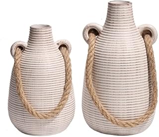 TERESA'S COLLECTIONS Vintage Ceramic Vase for Flowers, Set of 2 Decorative Beige Vases with Rope, Antique Flower Vase with Handle for Living Room, Table, Mantel, Shelf, 18.2 & 22cm Tall
