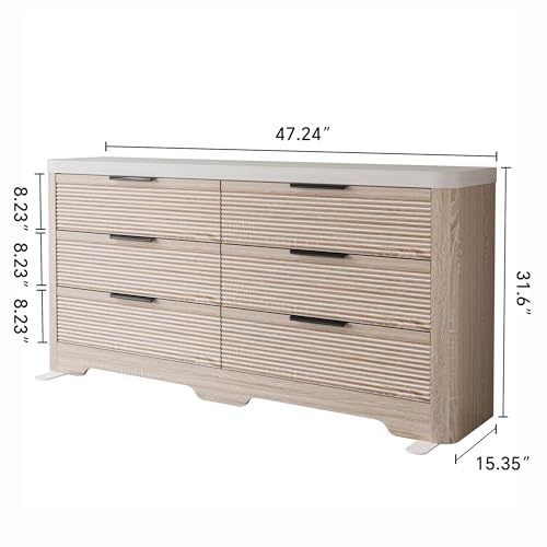 Image of FUSUNBAO Fluted 6 Drawer Dresser, Modern Wood Dresser for Bedroom,TV Stand,Thickened Curved Profile Design,Bedroom,Entryway,Wood Drawer Organizer(Natural Oak)