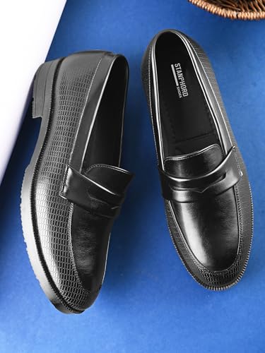 Image of STANPHORD Mens Loafers Men Black Solid Leatherette Formal Slip on Durable Moccasins Penny Loafers Shoes Without Laces