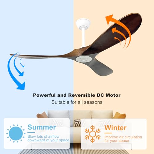 Image of 52'' Outdoor Ceiling Fan No Light,6 Speeds Adjustable with Large Airflow,Quiet Operation,Wood Propeller Ceiling Fan for Garage,Gazebo,Living Room,Bedroom(White+Dark Walnut)