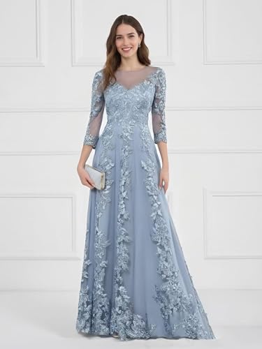 3/4 Sleeve Lace Mother of The Bride Dresses for Wedding Sequins Applique Long Wedding Guest Dresses for Women4