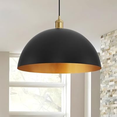 Eustace 17.7" Large Industrial Pendant lamp, Vintage Pendant Light,Black and Gold Finish Dome Pendant Lighting Fixture