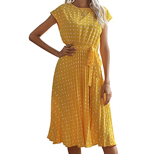 PDBQ Womens Polka Dot Dress Short Sleeve Mermaid Dress with Belt Yellow