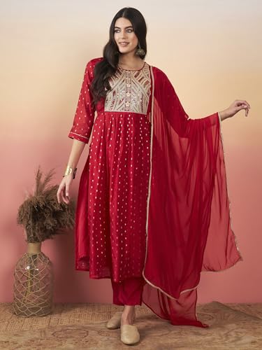 Image of INDO ERA Navy Blue A-Line Embroidered Silk Kurta Trouser With Dupatta Set For Women