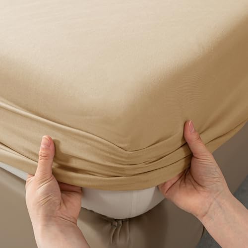 Image of All Around Brushed Microfiber Single Bed Fitted Sheet - (36 x 78) Inches - 8'' Deep Pocket Elastic Fitted Bedsheet + 1 Pillow Cover 400 Series Extra Soft & Easy Fit - Beige