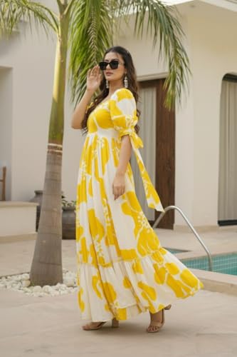 Image of Women Floral Printed Tiered Maxi Dress with Puff Sleeves, Empire Waist, Tie-Up Detail, Flared Long Dress for Casual Wear, Summer Outings, Vacation & Resort Wear - Causal Gown for Women